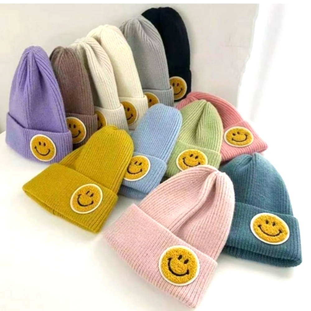 New Bundle of 2 Knit Ribbed Smiley Face Hat Beanies, y2k, Light Pink & Coral - Picture 2 of 4